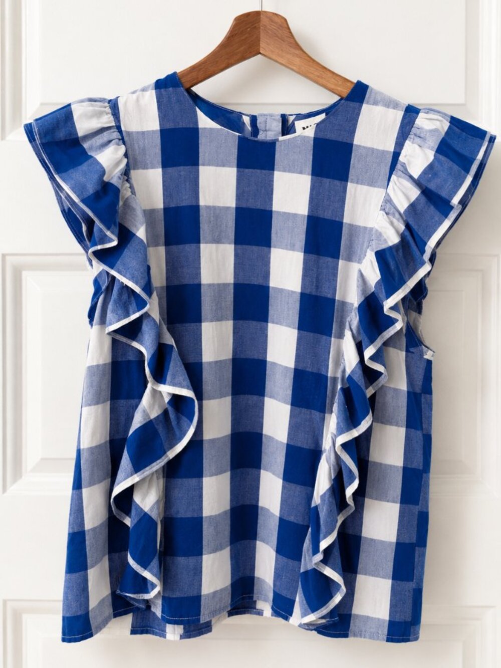 WHIT TWO Blue White Gingham Ruffle Flutter Sleeve Cotton Blouse XS